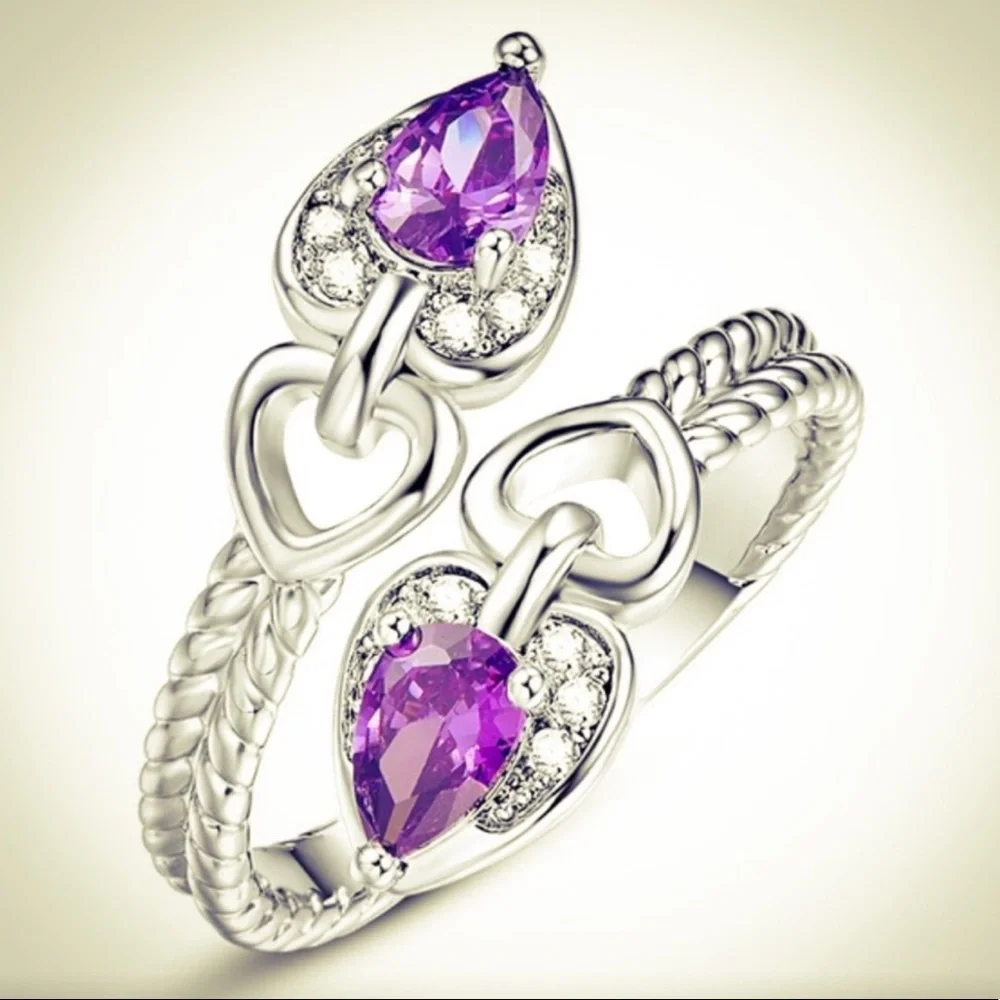 New S925 Sterling Silver Purple Amethyst & Morganite Heart Tear Drop Ring